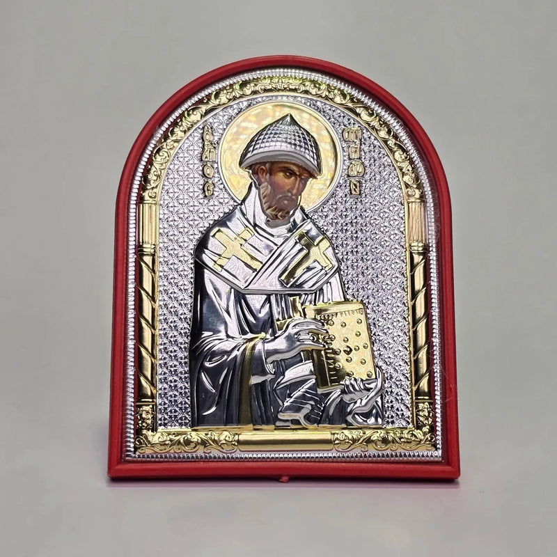 Saint Spyridon Orthodox icon in silver and gold tones