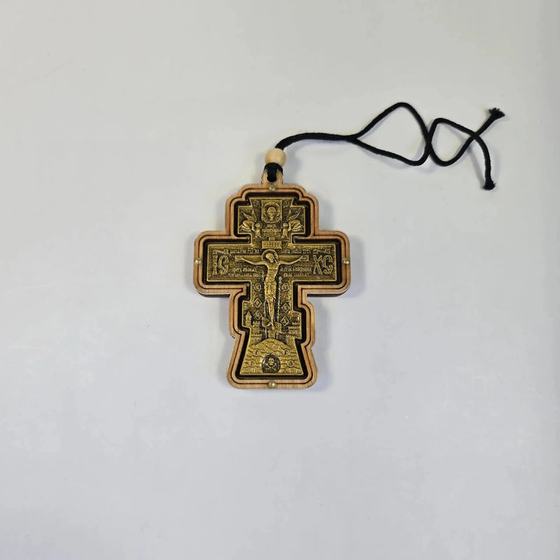 Orthodox wooden hanging cross with metal crucifix icon for car and prayer corner