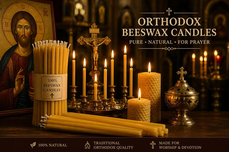 Orthodox beeswax candles with icon of Christ and church altar for prayer and worship