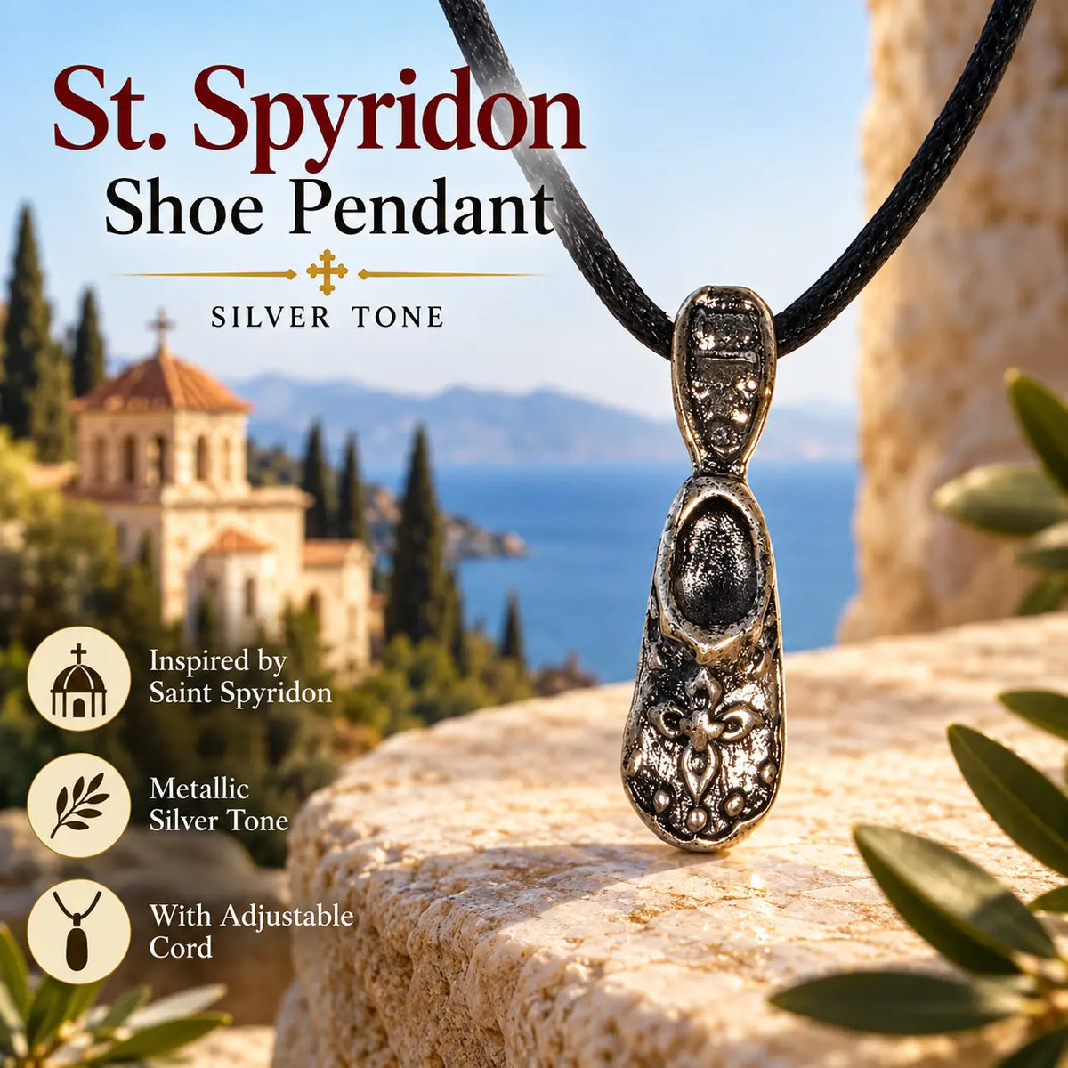 Saint Spyridon Shoe Pendant Necklace – Metallic, from Corfu (Kerkira) Church Icon Store