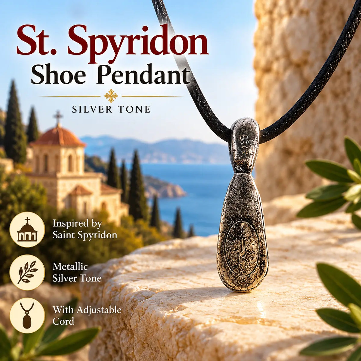 Saint Spyridon Shoe Pendant Necklace – Metallic, from Corfu (Kerkira) Church Icon Store