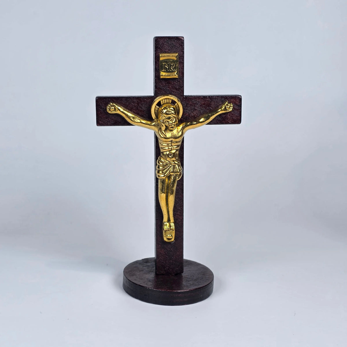 Wooden Standing Orthodox Cross with Gold-Toned Corpus – 10cm Sacred Icon House