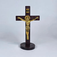 Wooden Standing Orthodox Cross with Gold-Toned Corpus – 10cm Sacred Icon House