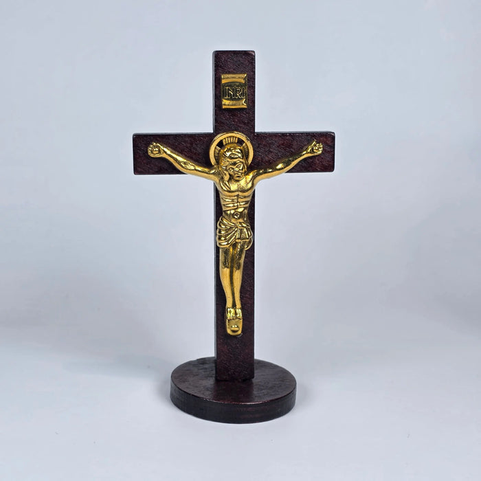 Wooden Standing Orthodox Cross with Gold-Toned Corpus – 10cm Sacred Icon House