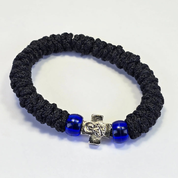 Orthodox Prayer Rope (Komboskini) – 30 Knots with Metal Cross & Blue Beads - Made on Mount Athos Mon