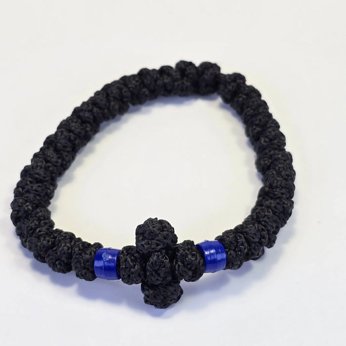 Orthodox Prayer Rope (Komboskini) – 30 Knots with Knotted Cross & Blue Beads - Made on Mount Athos Sacred Icon House