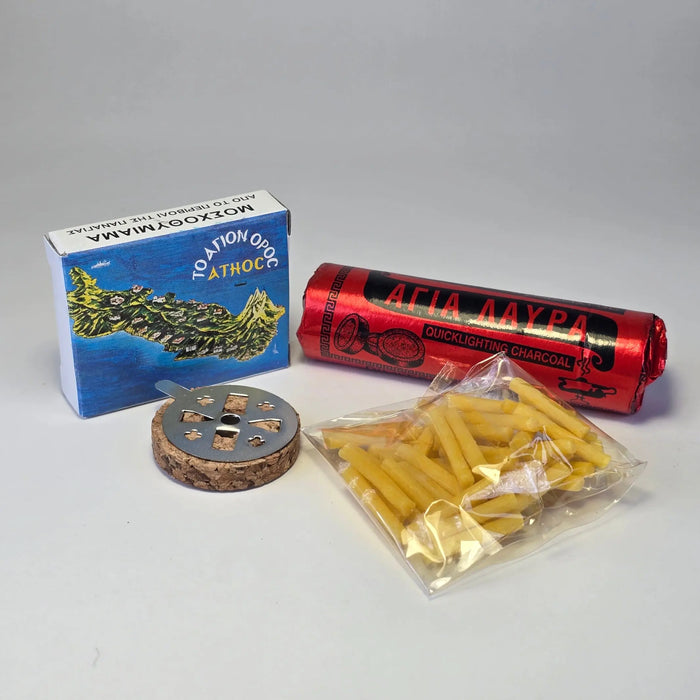 Orthodox Incense Starter Kit – Athonite Incense, Charcoal, Cork Holder & Beeswax Wicks Mount Athos