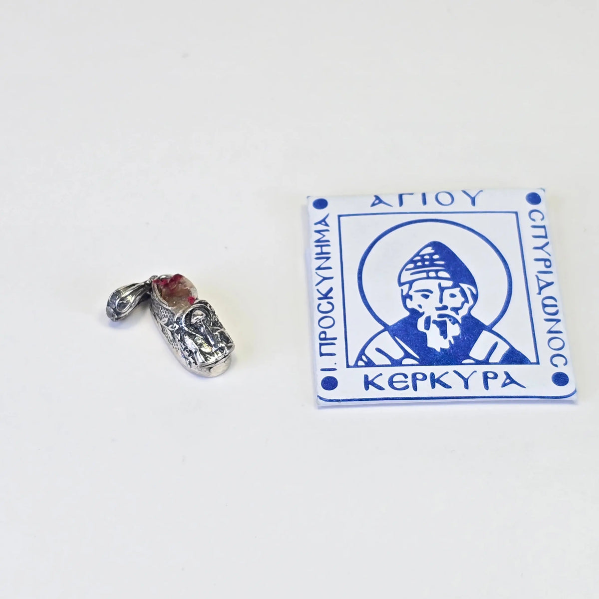 Saint Spyridon Silver Shoe Pendant – With Blessed Cloth within & Blessed Cloth in paper wrap (2 Variants) Sacred Icon House