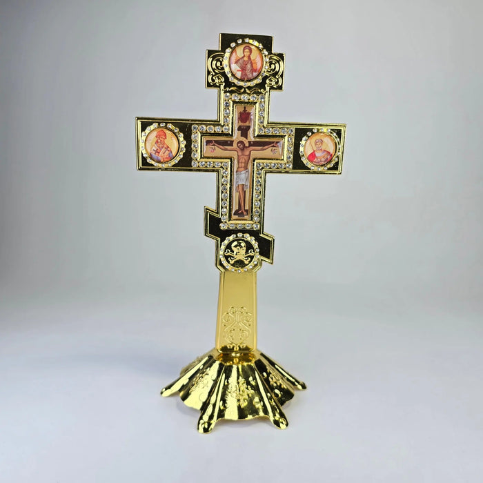 Standing Orthodox Crucifix with Icon Medallions — Gold Tone (16 × 10 cm) Sacred Icon House