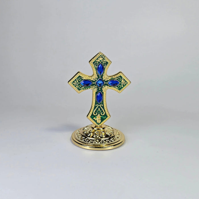 Ornate Standing Orthodox Cross (7 × 5.5 cm) — Enamel & Blue Stones (3 Variants) Sacred Icon House