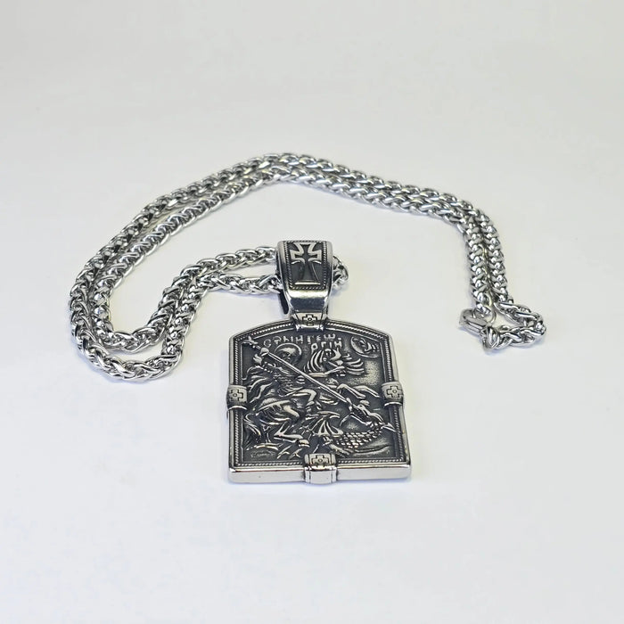 Saint George Icon Necklace – Silver-Tone Orthodox Pendant with Braided Chain Sacred Icon House