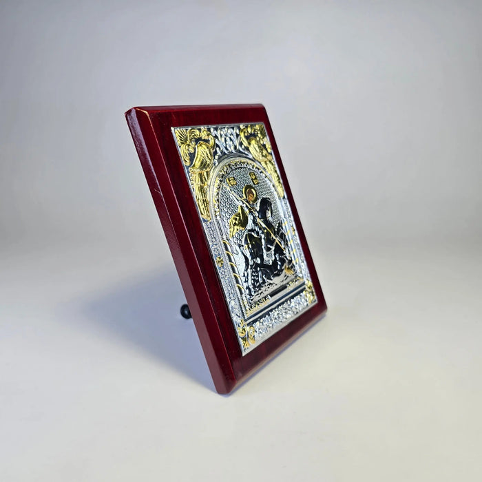 Saint George the Great Martyr Icon (12 × 9 cm) – Silver & Gold Tone on Wood Sacred Icon House