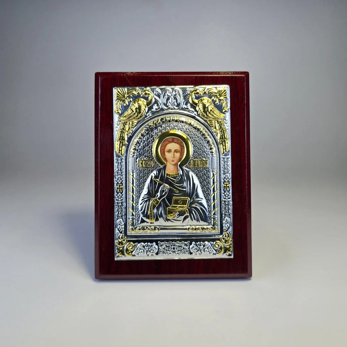 Saint Panteleimon the Healer Icon (12 × 9 cm) – Silver & Gold Tone on Wood Sacred Icon House