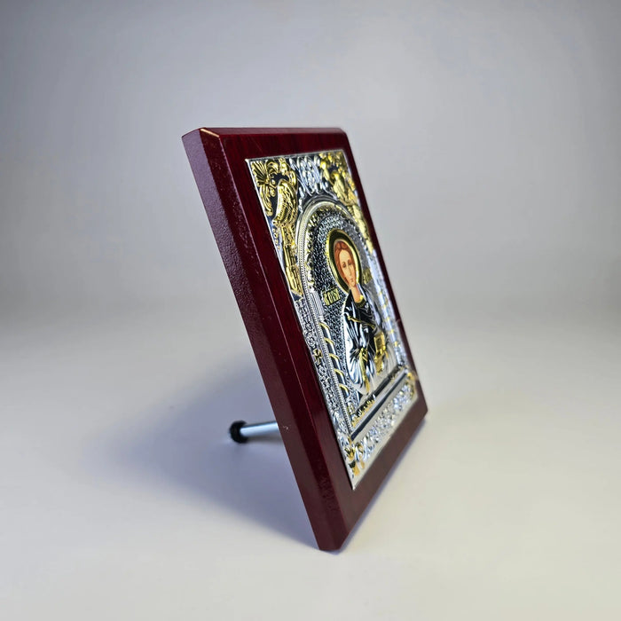 Saint Panteleimon the Healer Icon (12 × 9 cm) – Silver & Gold Tone on Wood Sacred Icon House