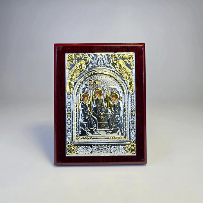 Holy Trinity Icon (12 × 9 cm) – Silver & Gold Tone on Wood Sacred Icon House