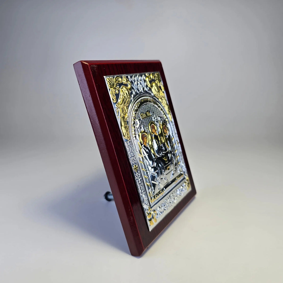 Holy Trinity Icon (12 × 9 cm) – Silver & Gold Tone on Wood Sacred Icon House