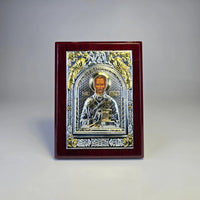 Saint Nicholas the Wonderworker Icon (12 × 9 cm) – Silver & Gold Tone on Wood Sacred Icon House