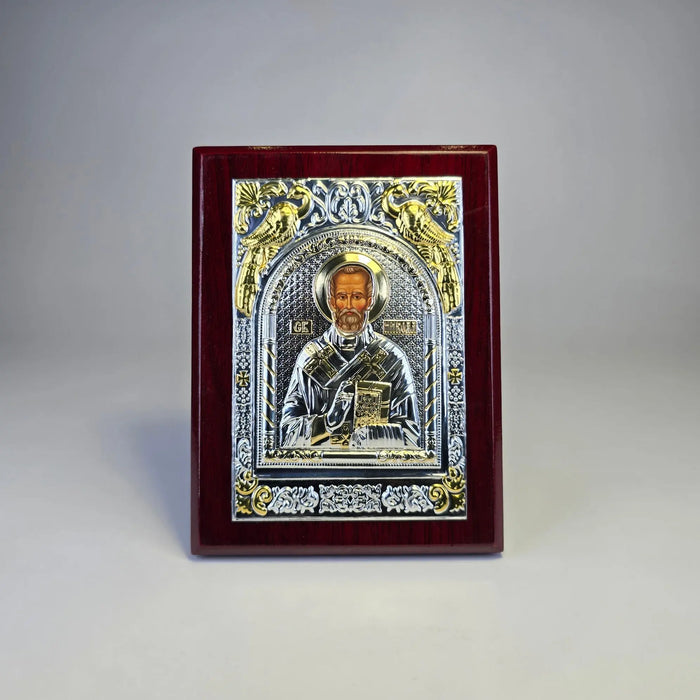 Saint Nicholas the Wonderworker Icon (12 × 9 cm) – Silver & Gold Tone on Wood Sacred Icon House