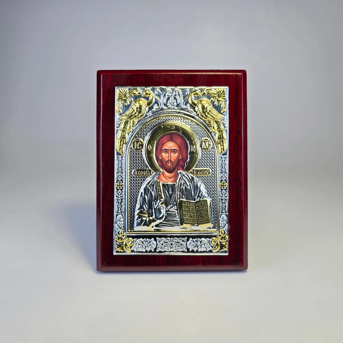 Jesus Christ Pantocrator Icon (12 × 9 cm) – Silver & Gold Tone on Wood Sacred Icon House
