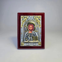Jesus Christ Pantocrator Icon (12 × 9 cm) – Silver & Gold Tone on Wood Sacred Icon House