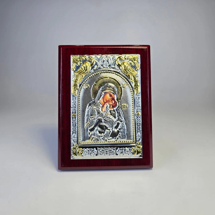 Mother of God Icon (12 × 9 cm) – Silver & Gold Tone on Wood Sacred Icon House
