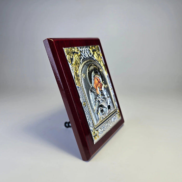 Mother of God Icon (12 × 9 cm) – Silver & Gold Tone on Wood Sacred Icon House