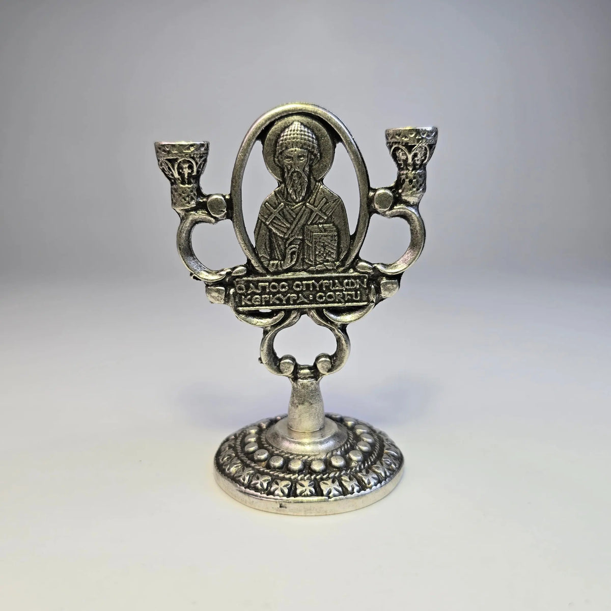 Orthodox Icon Candle Holder – Saint Spyridon Double Candle (8 cm) Sacred Icon House