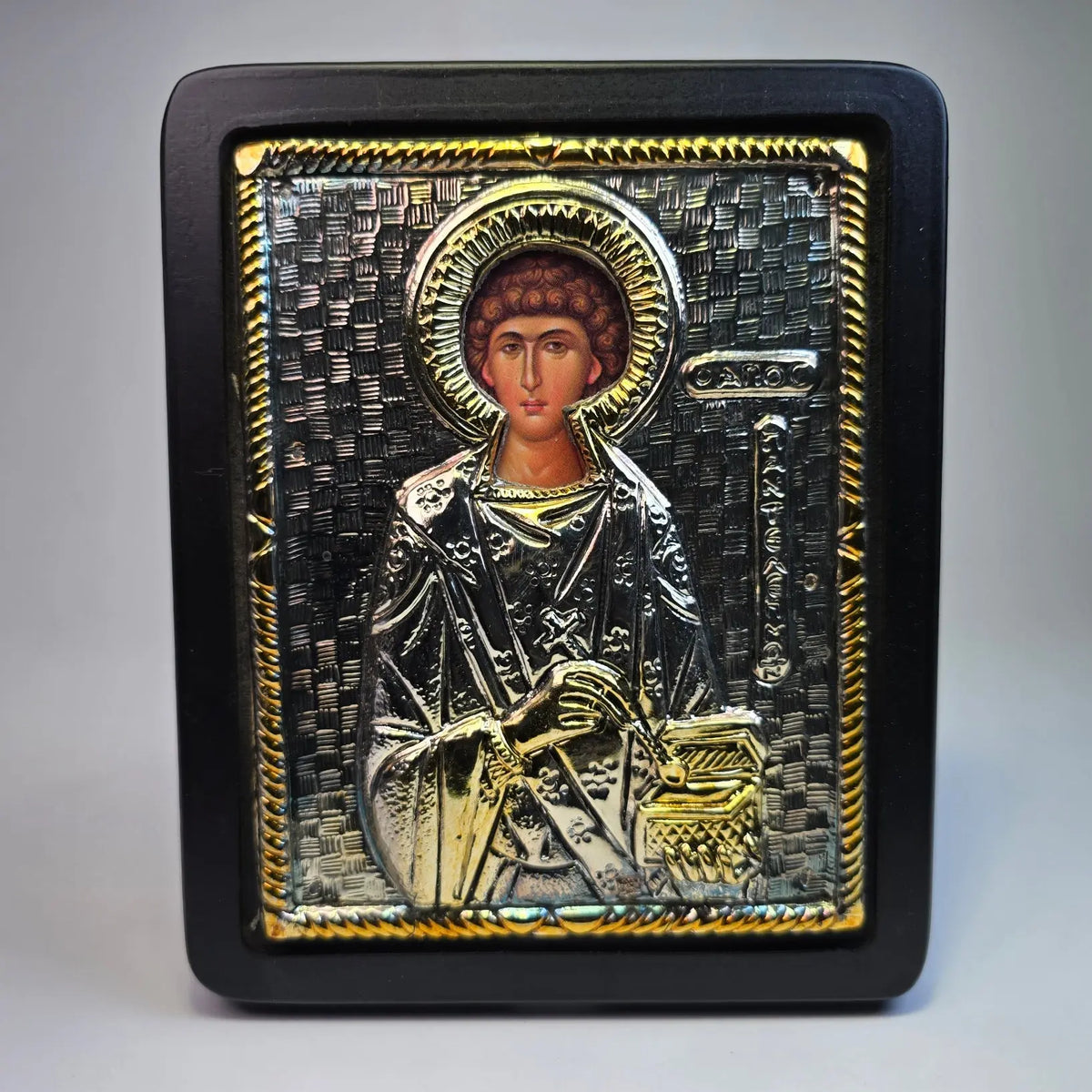 Saint Panteleimon Orthodox Icon – Silver & Gold Tone (16 × 13 cm) Sacred Icon House