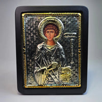 Saint Panteleimon Orthodox Icon – Silver & Gold Tone (16 × 13 cm) Sacred Icon House