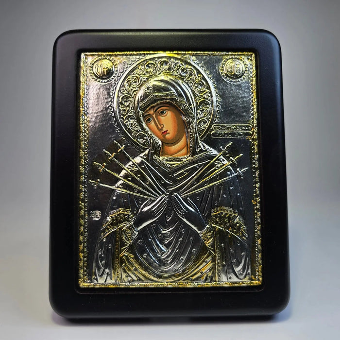Mother of God “Seven Sorrows” Orthodox Icon – Silver & Gold Tone (16 × 13 cm) Sacred Icon House