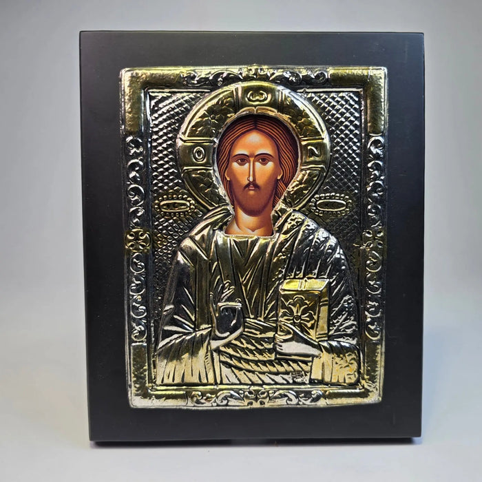 Jesus Christ Pantocrator Orthodox Icon – Silver & Gold Tone (16.5 × 13.5 cm) Sacred Icon House