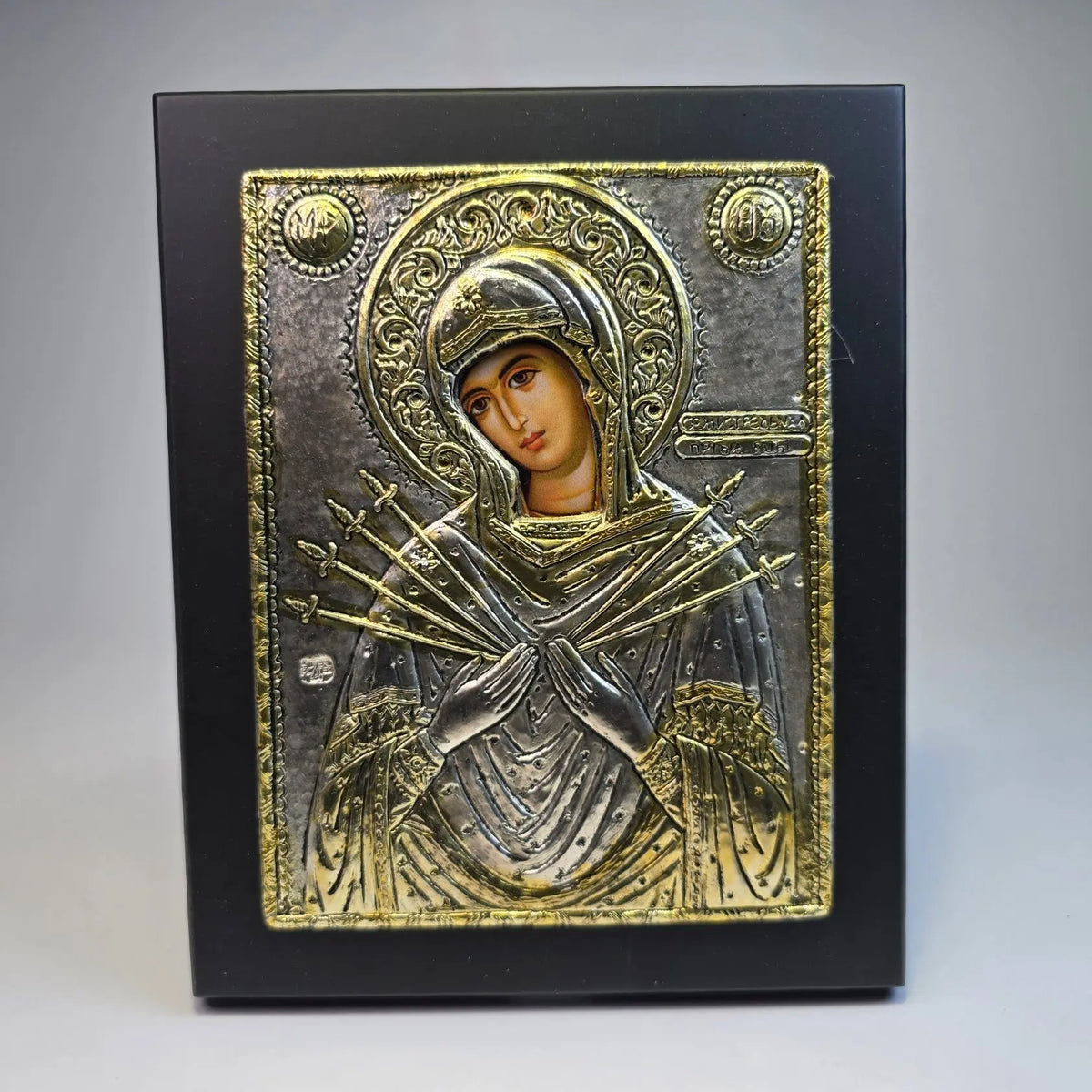 Mother of God “Seven Sorrows” Orthodox Icon – Silver & Gold Tone (16.5 × 13.5 cm) Sacred Icon House