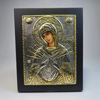 Mother of God “Seven Sorrows” Orthodox Icon – Silver & Gold Tone (16.5 × 13.5 cm) Sacred Icon House