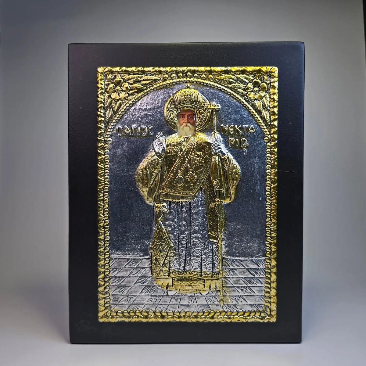 Saint Nektarios of Aegina Orthodox Icon – Silver & Gold Tone (22.5 × 18 cm) Sacred Icon House