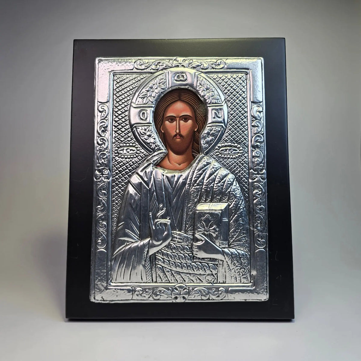 Jesus Christ Pantocrator Orthodox Icon – Silver Tone Portrait (22.5 × 18 cm) Sacred Icon House