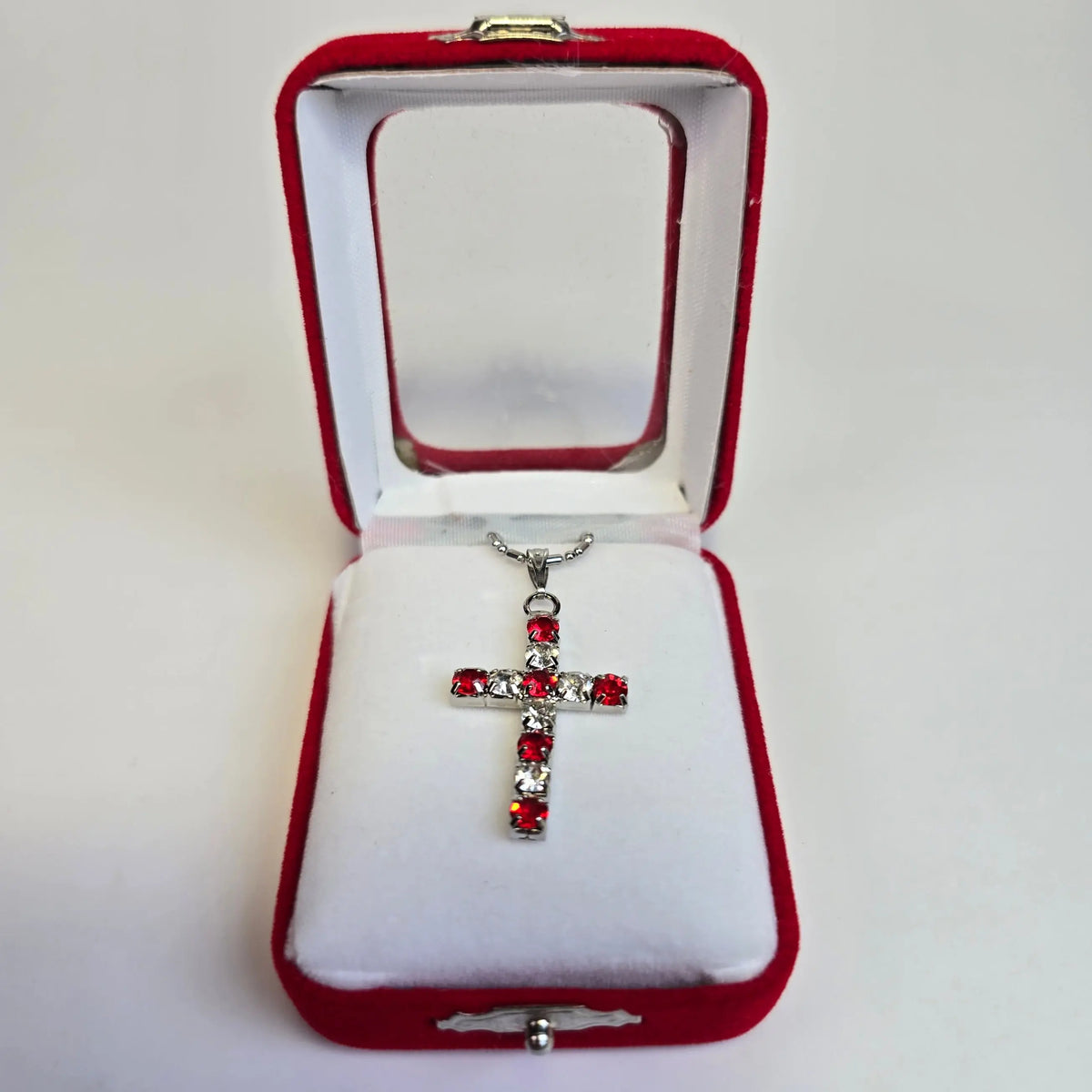 Silver-Tone Cross Pendant Necklace with Red & Clear Stones - Church Icon House