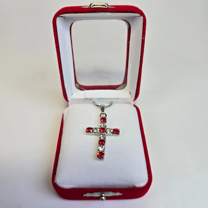 Silver-Tone Cross Pendant Necklace with Red & Clear Stones - Church Icon House