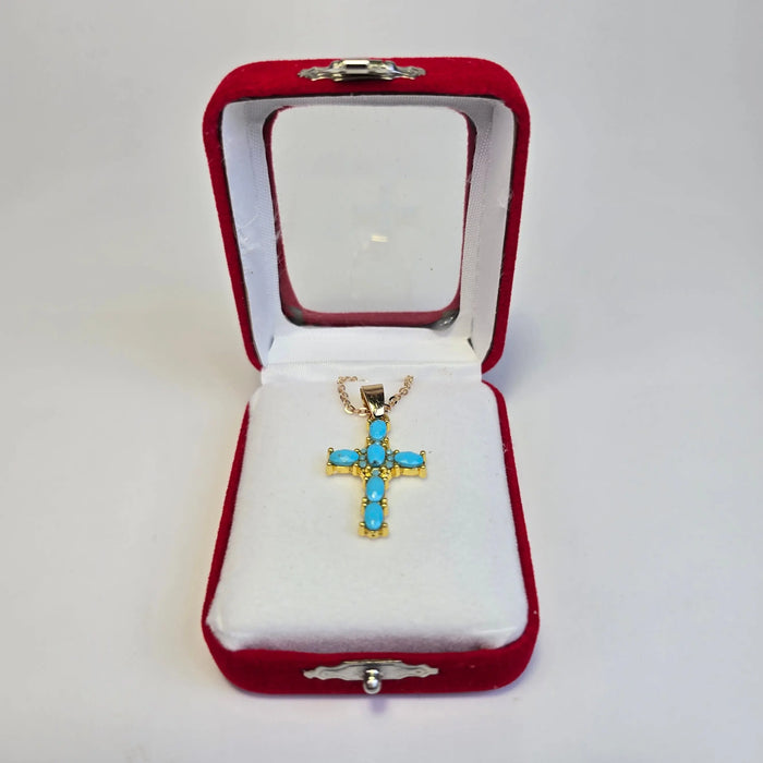 Gold-Tone Cross Pendant Necklace with Blue Stones - Church Icon House