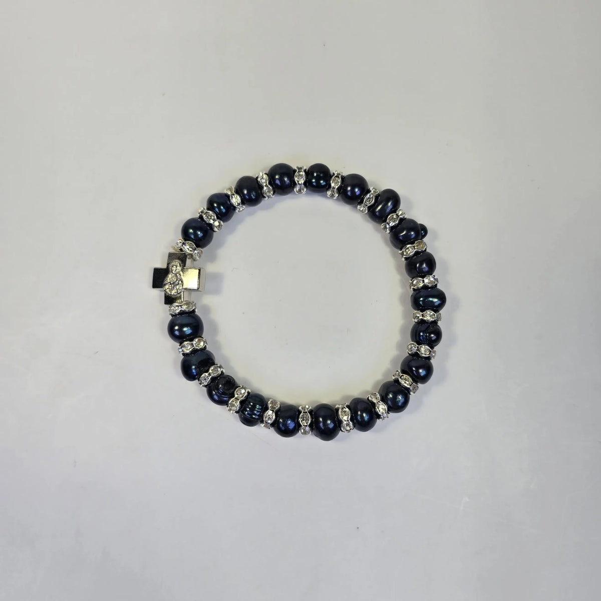 Orthodox Mother of God Pearl Bracelet with Cross Icon – Dark Pearl Stretch Bracelet Church Icon Store