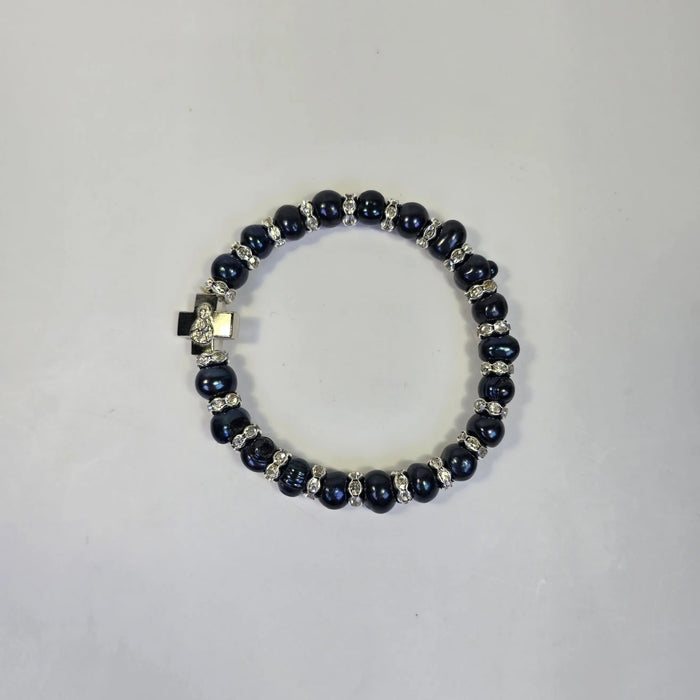 Orthodox Mother of God Pearl Bracelet with Cross Icon – Dark Pearl Stretch Bracelet Church Icon Store