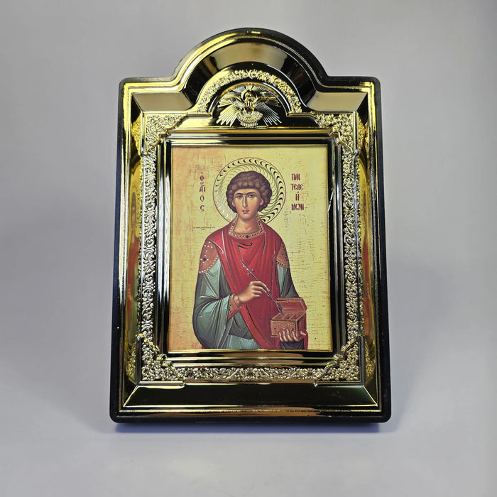 Saint Panteleimon the Healer Orthodox Icon in Decorative Gold-Color Frame – 16 × 12.5 cm Church Icon Store