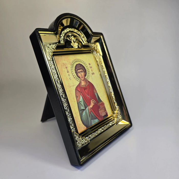 Saint Panteleimon the Healer Orthodox Icon in Decorative Gold-Color Frame – 16 × 12.5 cm Church Icon Store