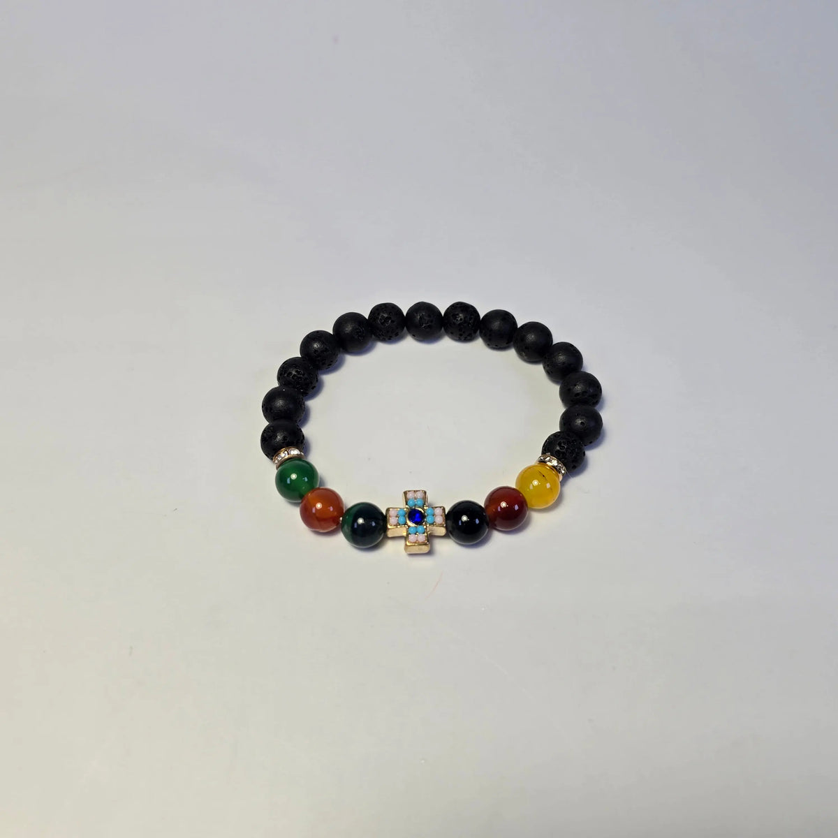 Orthodox Christian Bracelet with Lava Stone & Multicolor Gemstone Beads | Cross Centerpiece | Christian Prayer Jewelry Church Icon Store