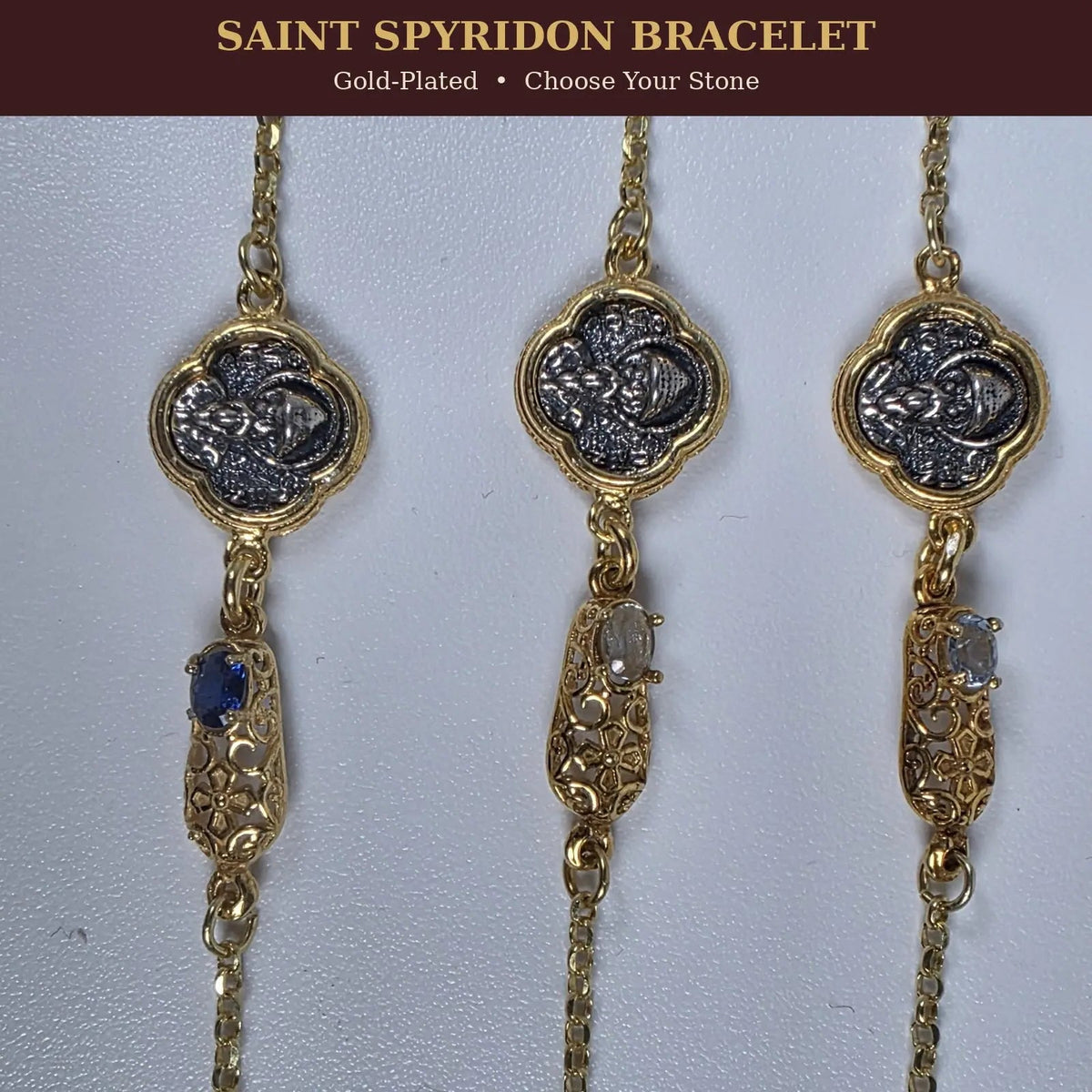 Three gold-plated Saint Spyridon bracelets with different stone colors
