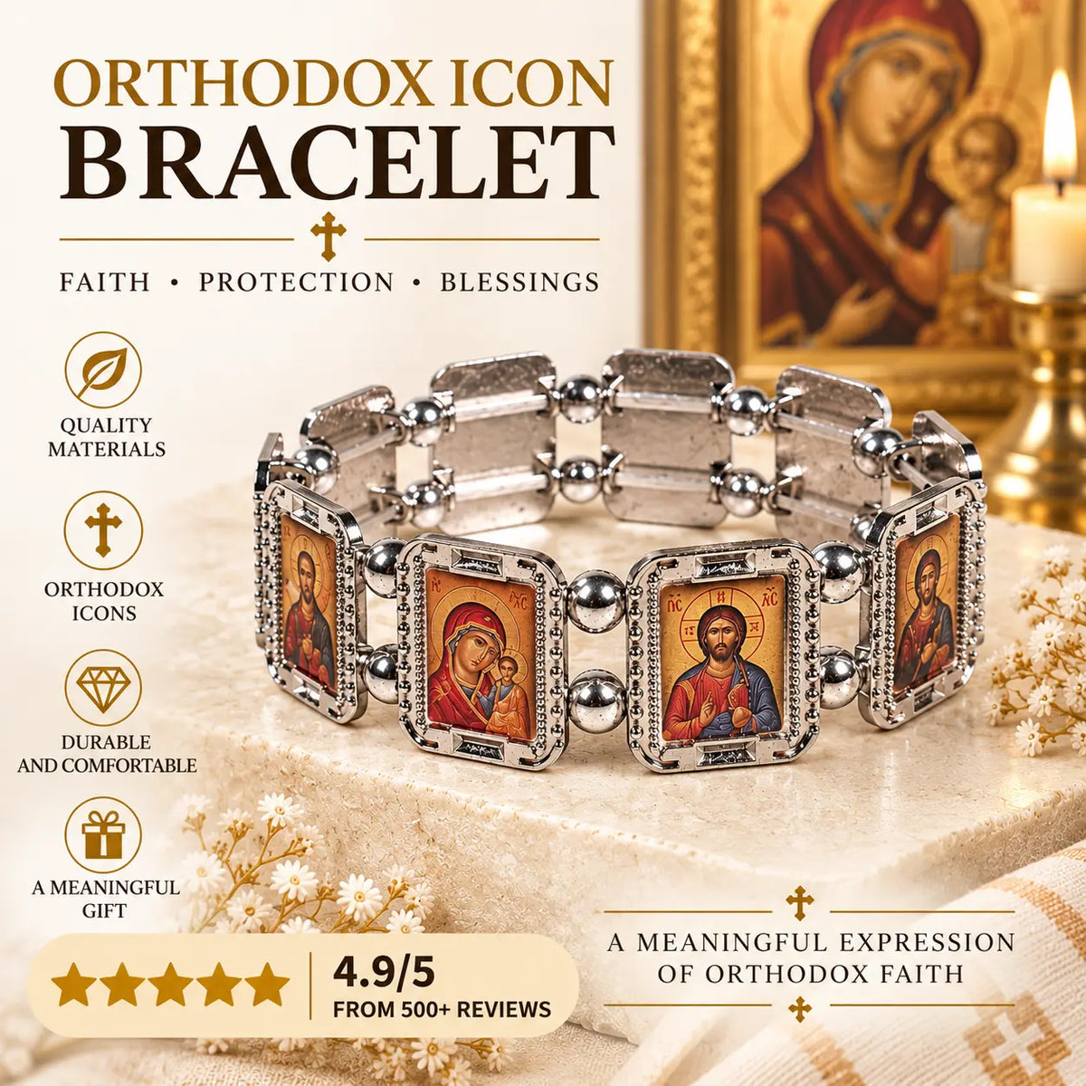 Orthodox Icon Bracelet – Silver-Tone Stretch Bracelet with Saint Icons Church Icon Store