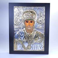 Saint Nicholas Orthodox icon silver plated icon on blue background religious wall art