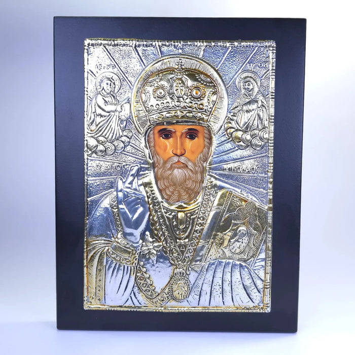 Saint Nicholas Orthodox icon silver plated icon on blue background religious wall art