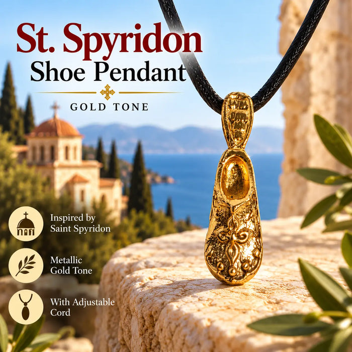 Saint Spyridon Shoe Pendant Necklace – Metallic, from Corfu (Kerkira) Church Icon Store