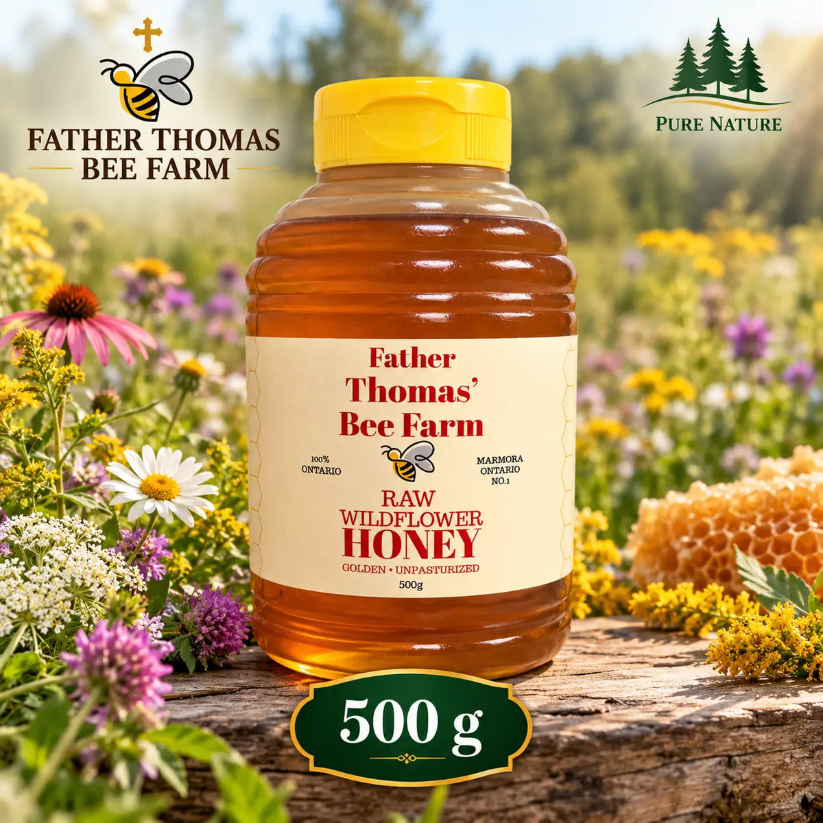 Raw wildflower honey in a 500 g beehive squeeze bottle with yellow flip-top cap, Father Thomas' Bee Farm, Marmora, Ontario, with wildflower meadow and honeycomb