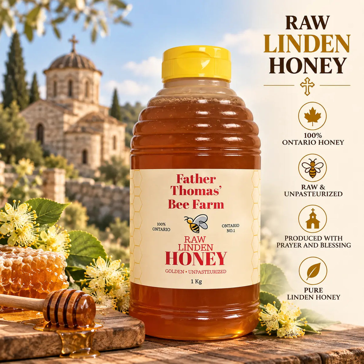 Father Thomas' Bee Farm Raw Linden Honey, 1 kg squeeze bottle, Product of Ontario, with monastery church in the background, linden blossoms and honeycomb